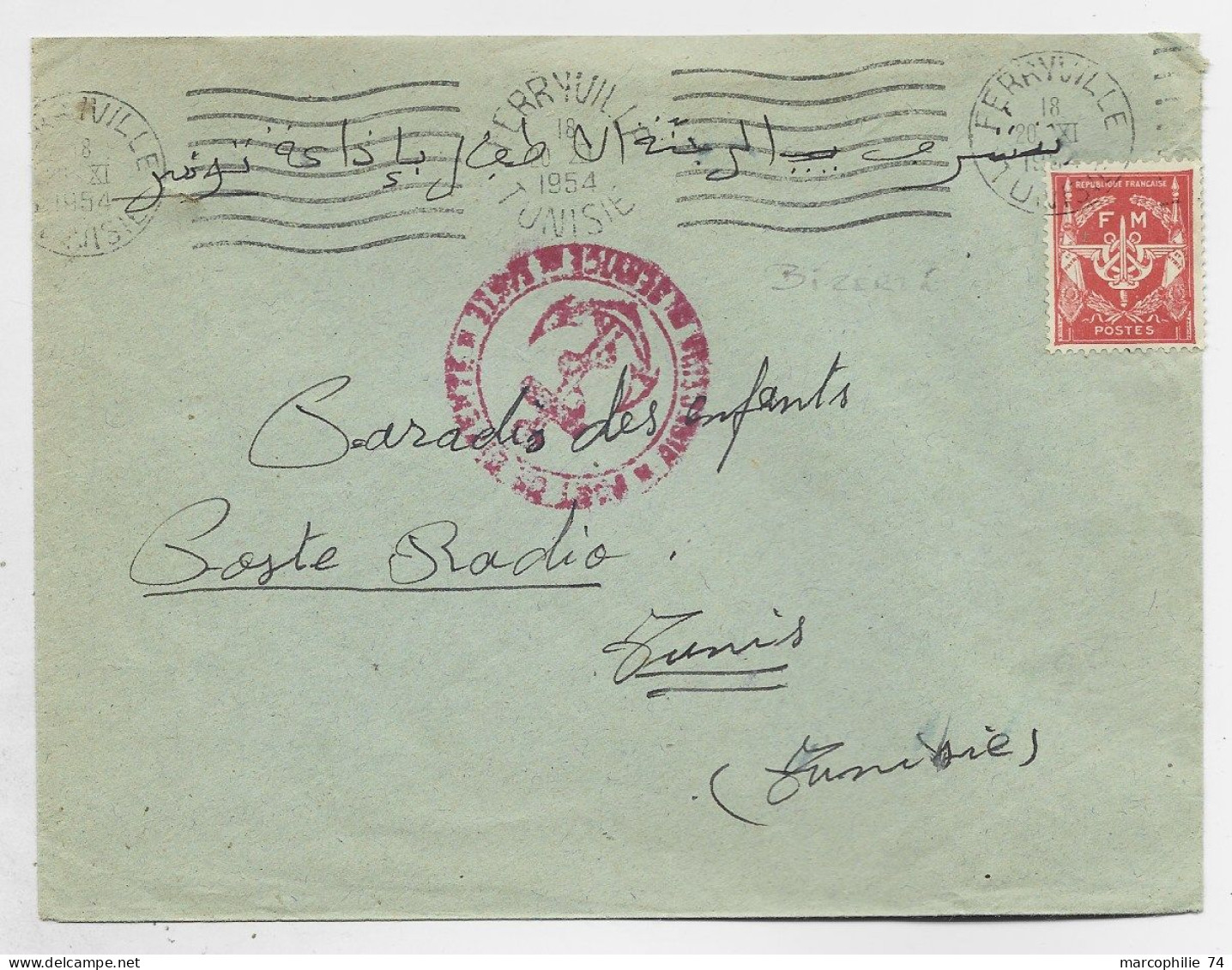 FM ROUGE LETTRE MECANIQUE FERRYVILLE 20.XI.1954 TUNISIE POUR LA TUNSIE - Timbres De Franchise Militaire