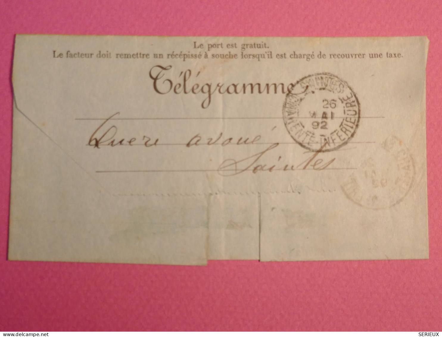 DL 1 FRANCE   LETTRE TELEGRAMME 1892  SAINTES     + +AFF.  INTERESSANT+ + - Telegraaf-en Telefoonzegels