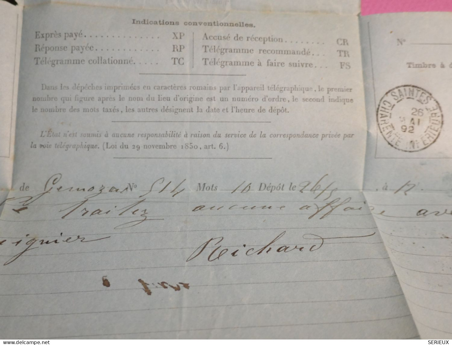 DL 1 FRANCE   LETTRE TELEGRAMME 1892  SAINTES     + +AFF.  INTERESSANT+ + - Telegraaf-en Telefoonzegels