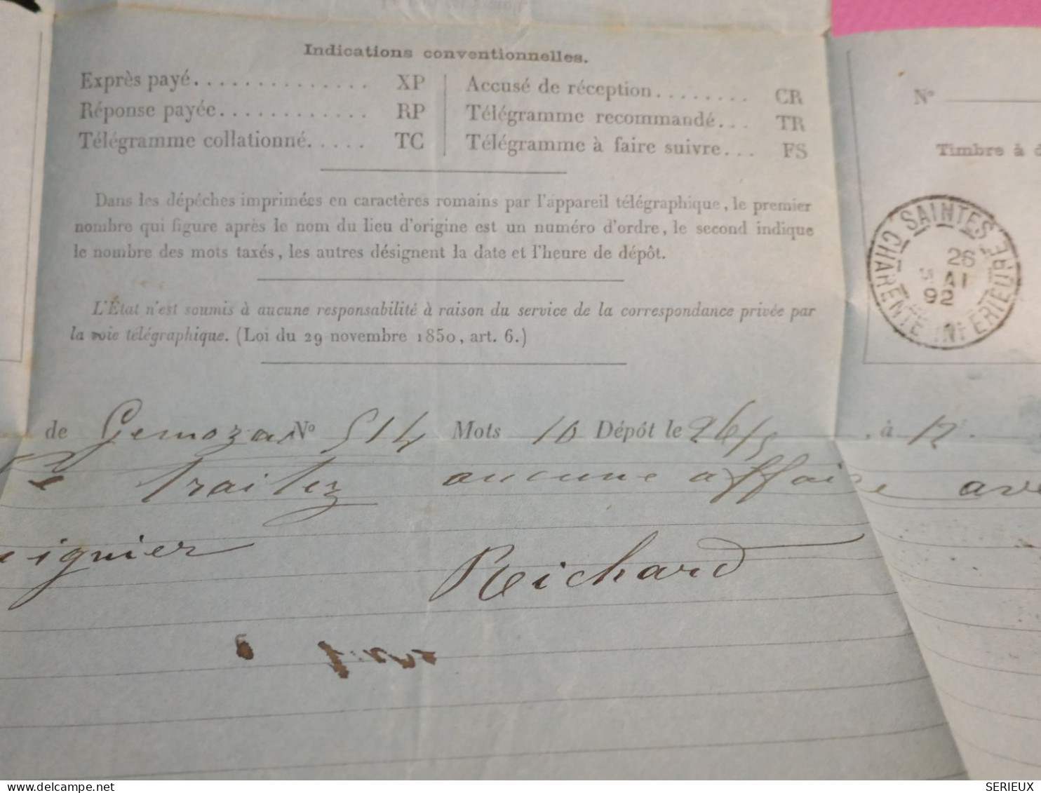 DL 1 FRANCE   LETTRE TELEGRAMME 1892  SAINTES     + +AFF.  INTERESSANT+ + - Telegraph And Telephone