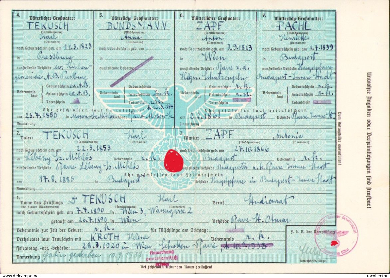 Kleinen Abstammungsnachweis 1941 A2402N - Diploma & School Reports