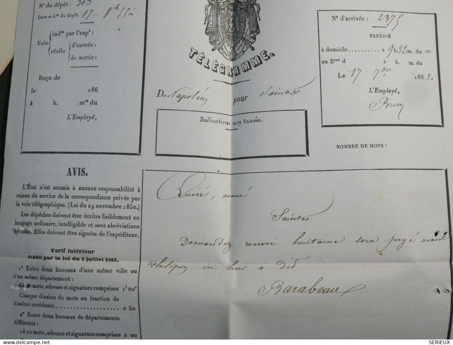 DL 1 FRANCE   LETTRE TELEGRAMME PRIVé RARE 1863 NAPOLEON A  SAINTES     + +AFF.  INTERESSANT+ + - Telegraph And Telephone