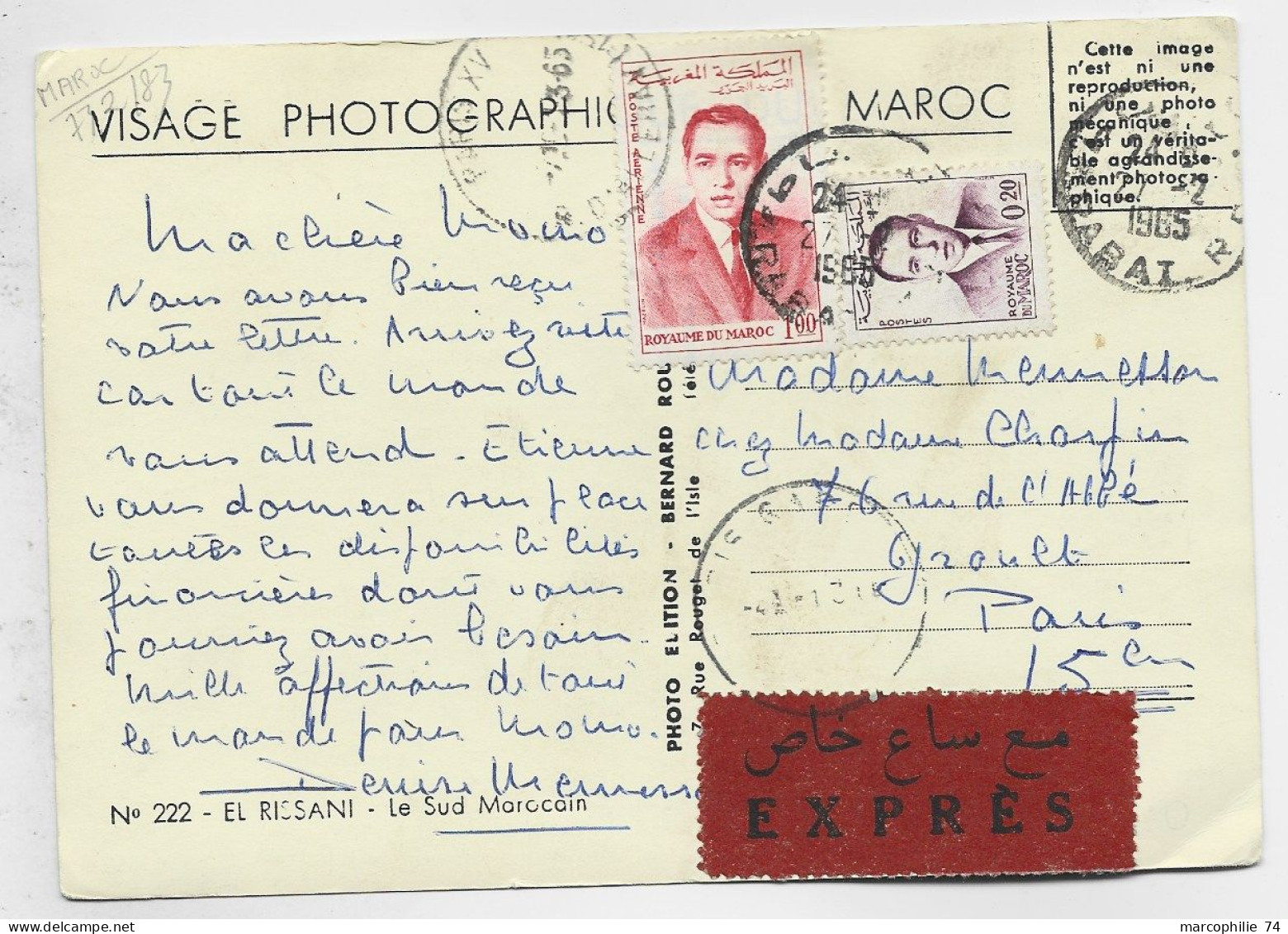 MAROC 20C+ PA 1FR CARTE EXPRES RABAT 1965 POUR PARIS PNEUMATIQUE - Maroc (1956-...)