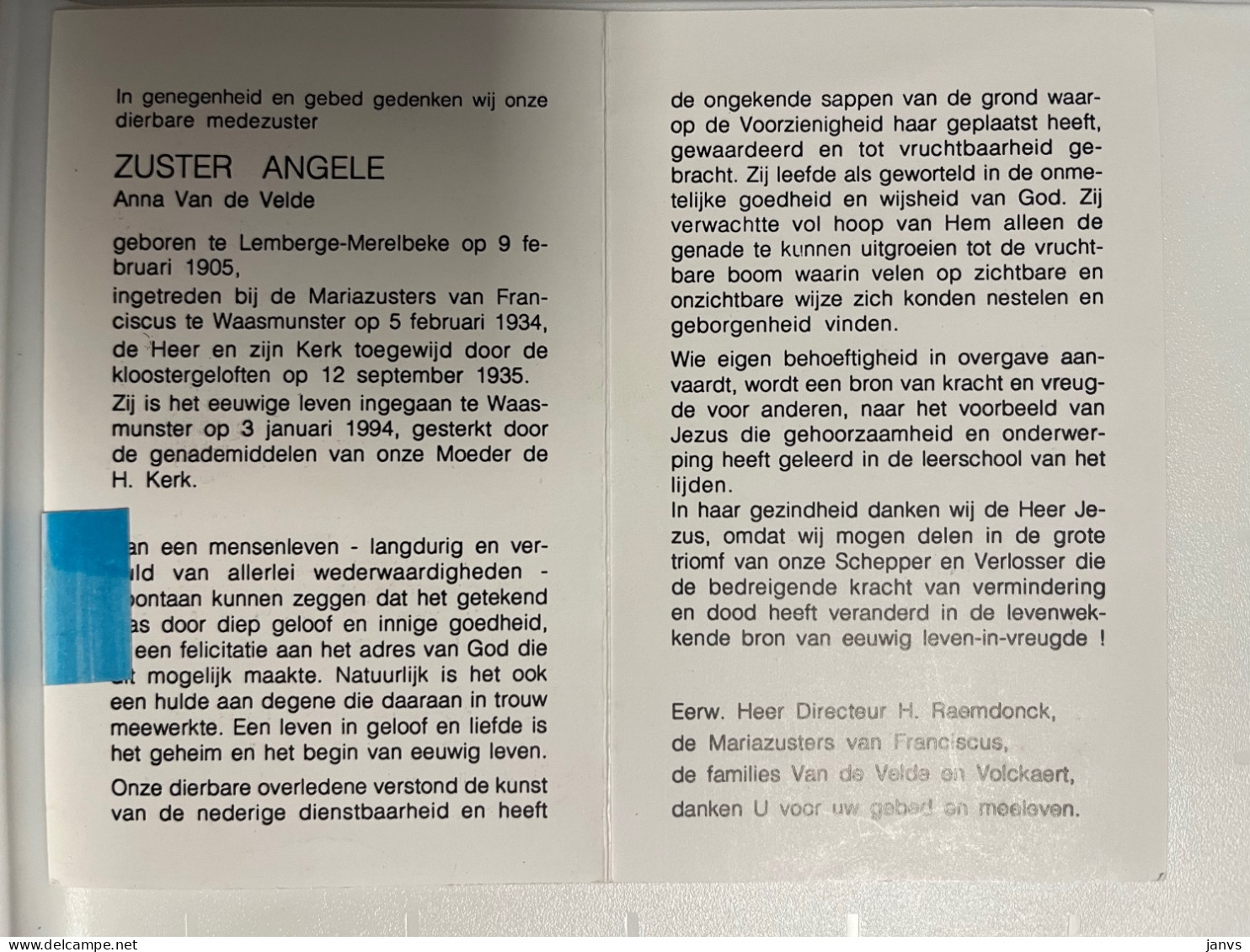 Devotie DP - Overlijden - Zuster Angele - Van De Velde - Lemberge-Merelbeke 1905 - Waasmunster 1994 - Overlijden