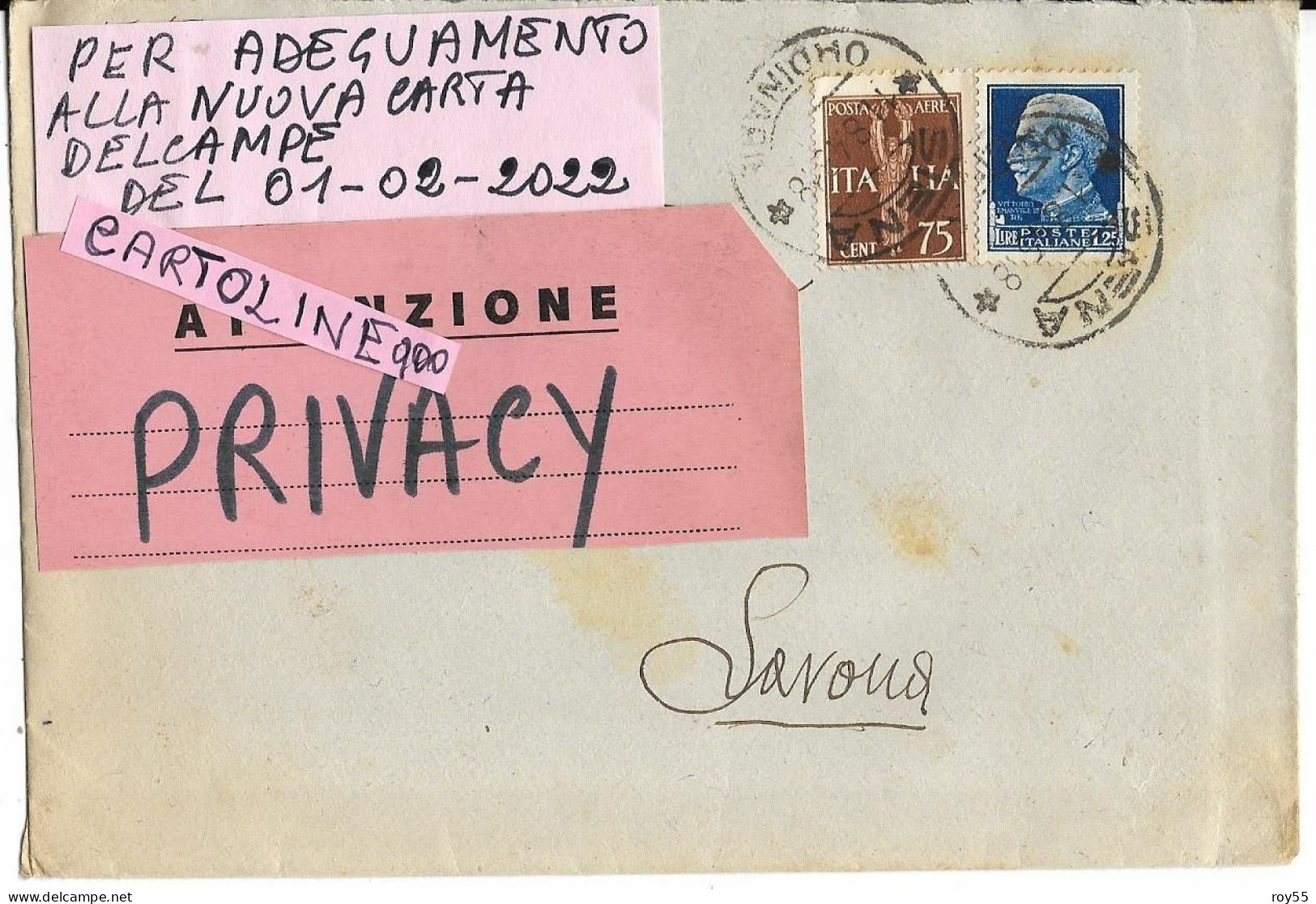 Storia Postale Busta Viaggiata Nel 1943 Da Siena A Savona Con Il Cent 1.25 V E Piu' 75 Cent P A (v.retro) - Marcofilie