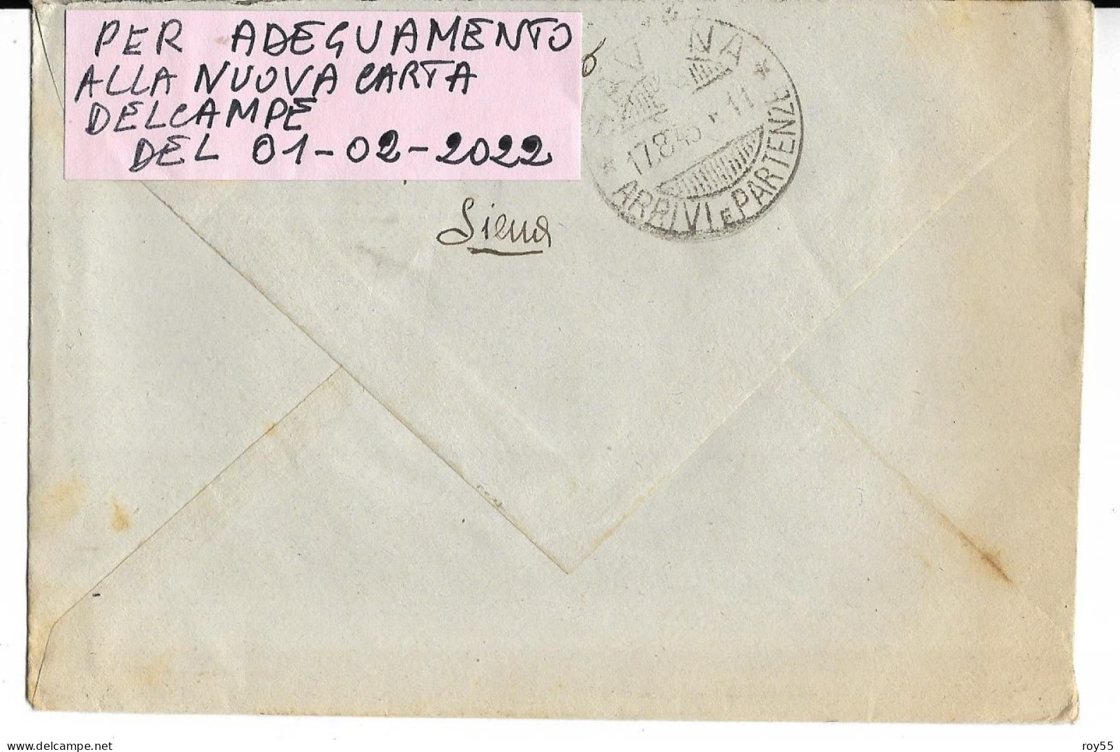 Storia Postale Busta Viaggiata Nel 1943 Da Siena A Savona Con Il Cent 1.25 V E Piu' 75 Cent P A (v.retro) - Marcofilía