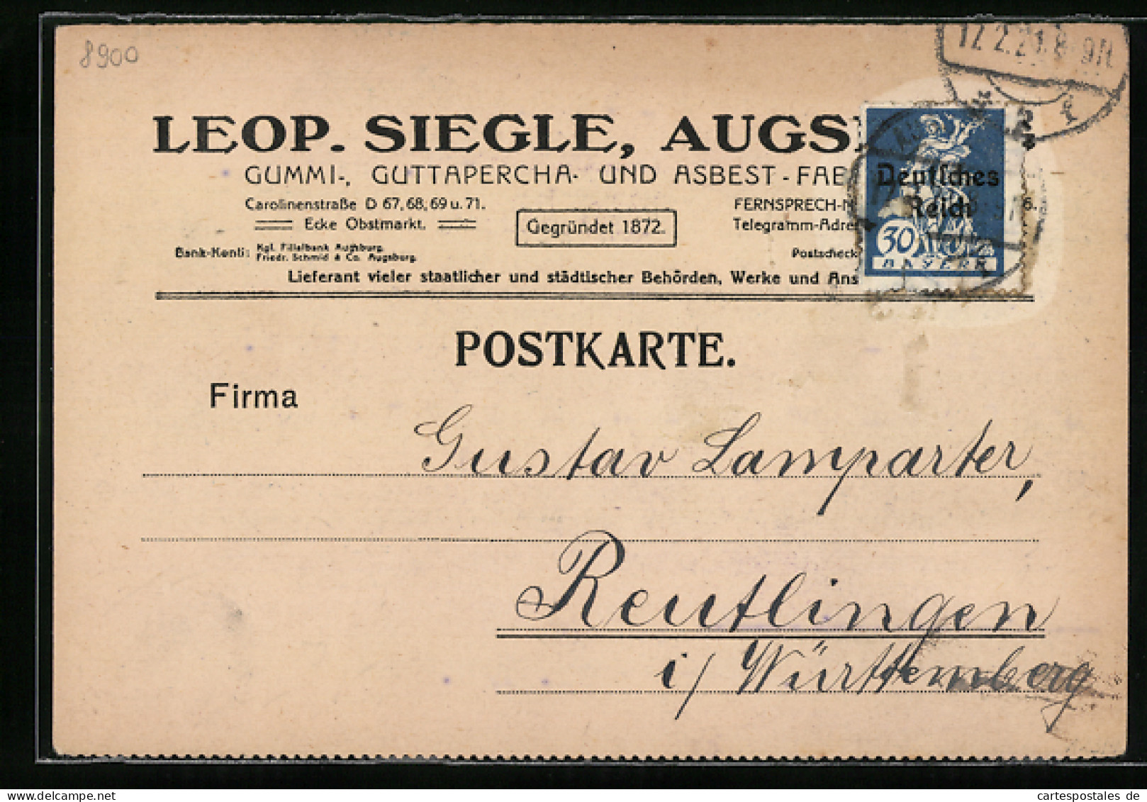 AK Augsburg, Telegrammkarte Leop. Siegle  - Augsburg