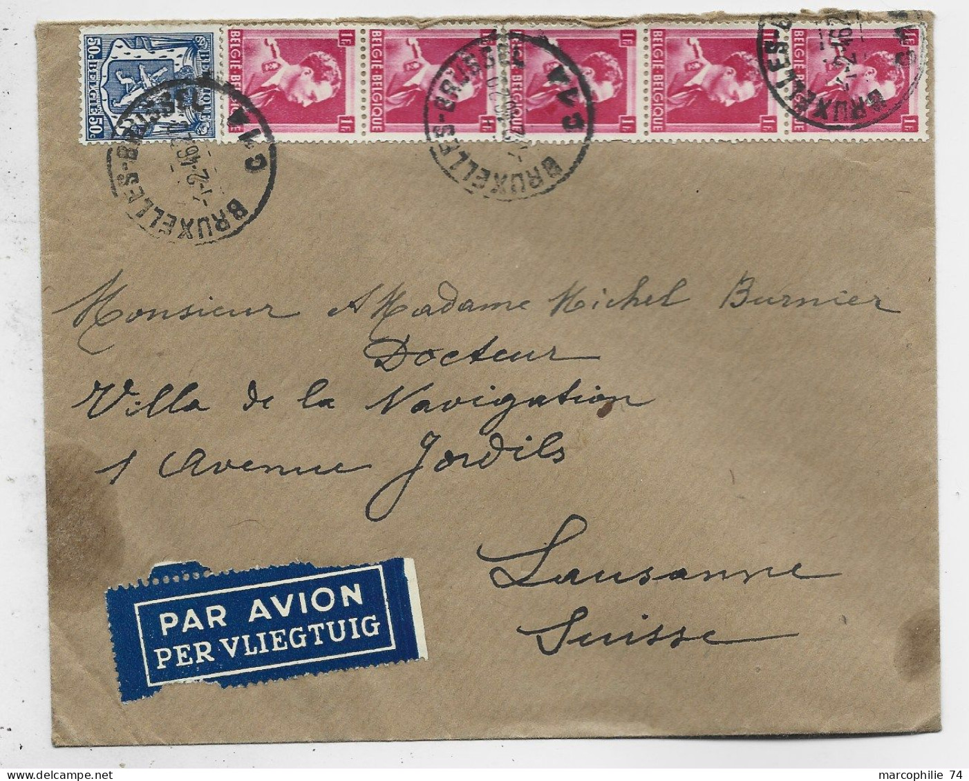 BELGIQUE  1FR BANDE DE 5+50C LION LETTRE COVER AVION BRUXELLES 1.2.1946 POUR SUISSE - 1936-1957 Col Ouvert