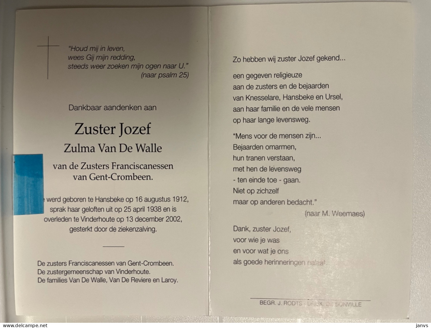 Devotie DP - Overlijden - Zuster Jozef - Van De Walle - Hansbeke 1912 - Vinderhoute 2002 - Todesanzeige