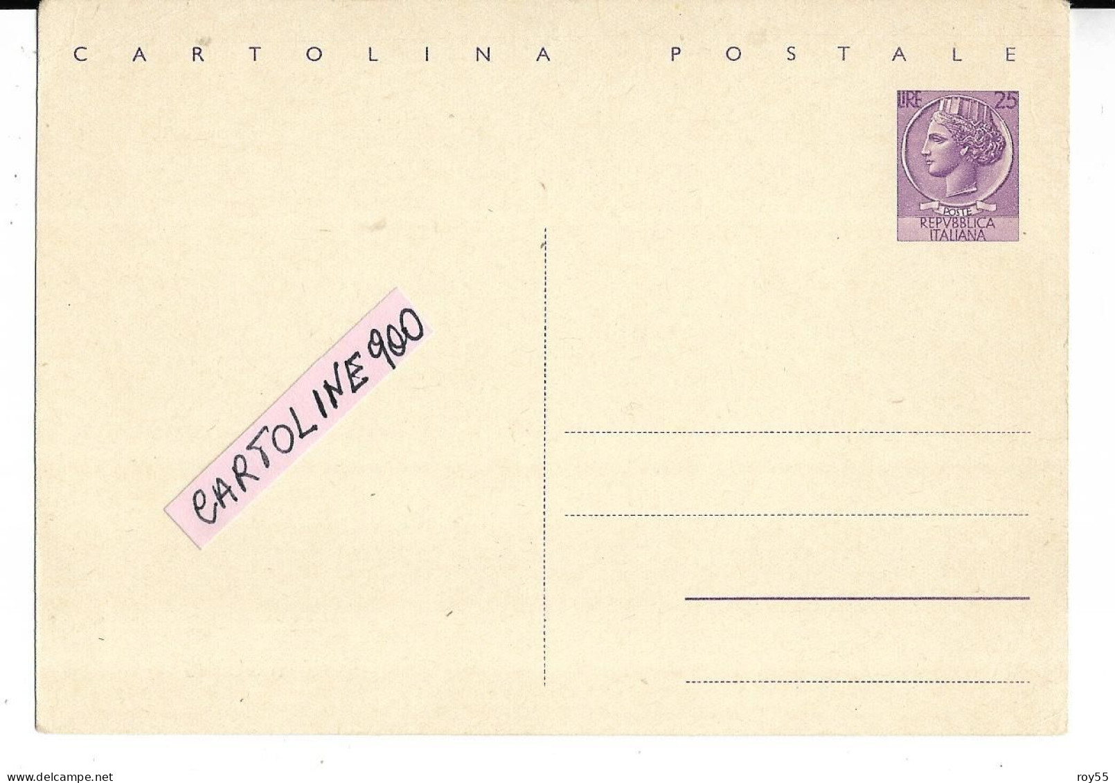 Italia Repubblica Cartolina Postale Nuova  Del 1959 Lire 25 Viola (c.163 Filigrano) V.retro) - 1946-60: Marcophilie