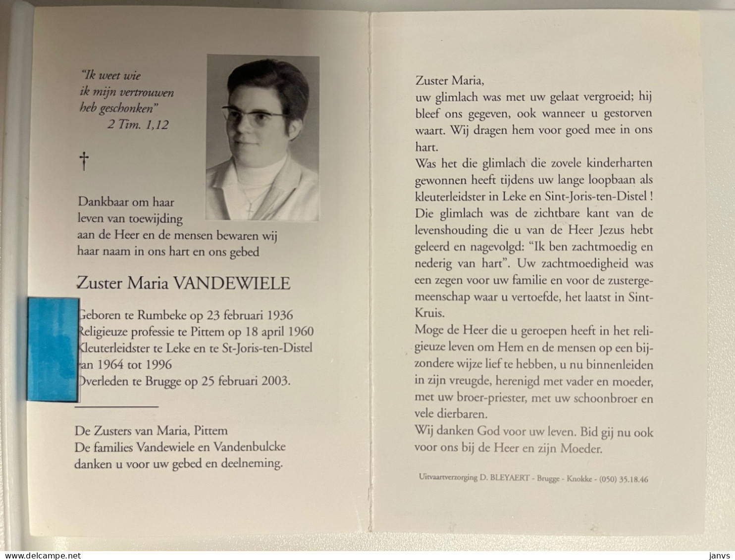 Devotie DP - Overlijden - Zuster Maria Vandewiele - Rumbeke 1936 - Brugge 2003 - Zuster Te Pittem - Esquela
