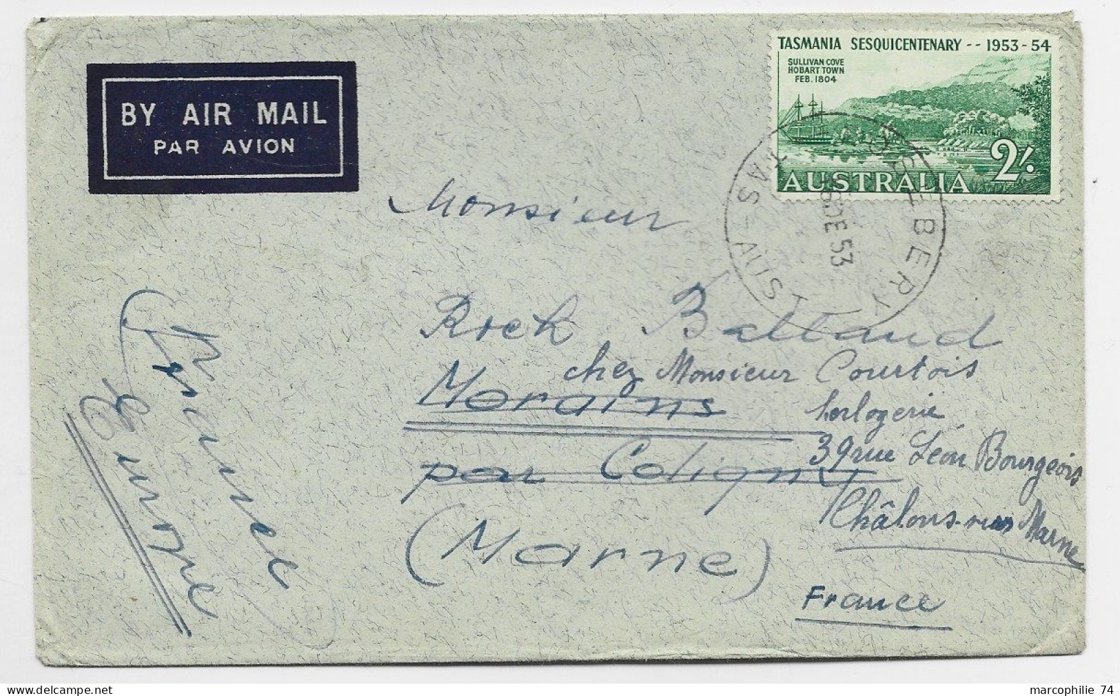 AUSTRALIA TASMANIA 2L SOLO LETTRE COVER AVION MOSEBERY 6 DEC 1953 TO FRANCE - Covers & Documents