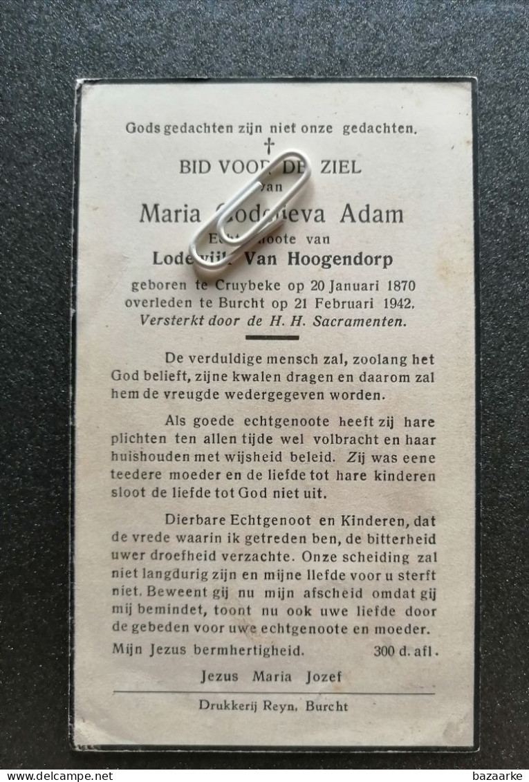 MARIA  GODELIEVA  ADAM ° CRUYBEKE 1870 + BURCHT 1942 / LODEWIJK VAN HOOGENDORP - Imágenes Religiosas