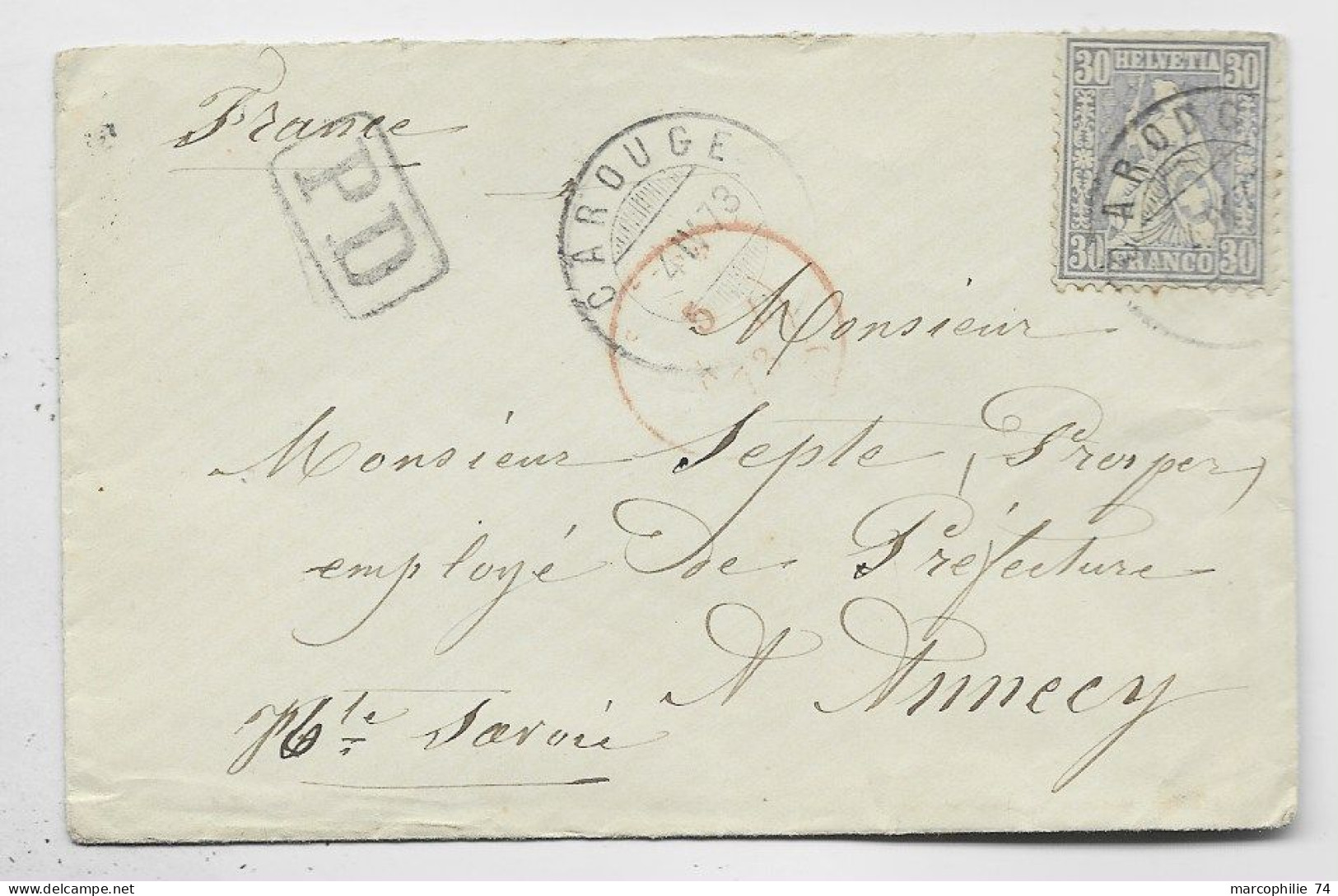 HELVETIA SUISSE 30C SOLO LETTRE COVER CAROUGE 1880 TO ANNECY HAUTE SAVOIE - Storia Postale