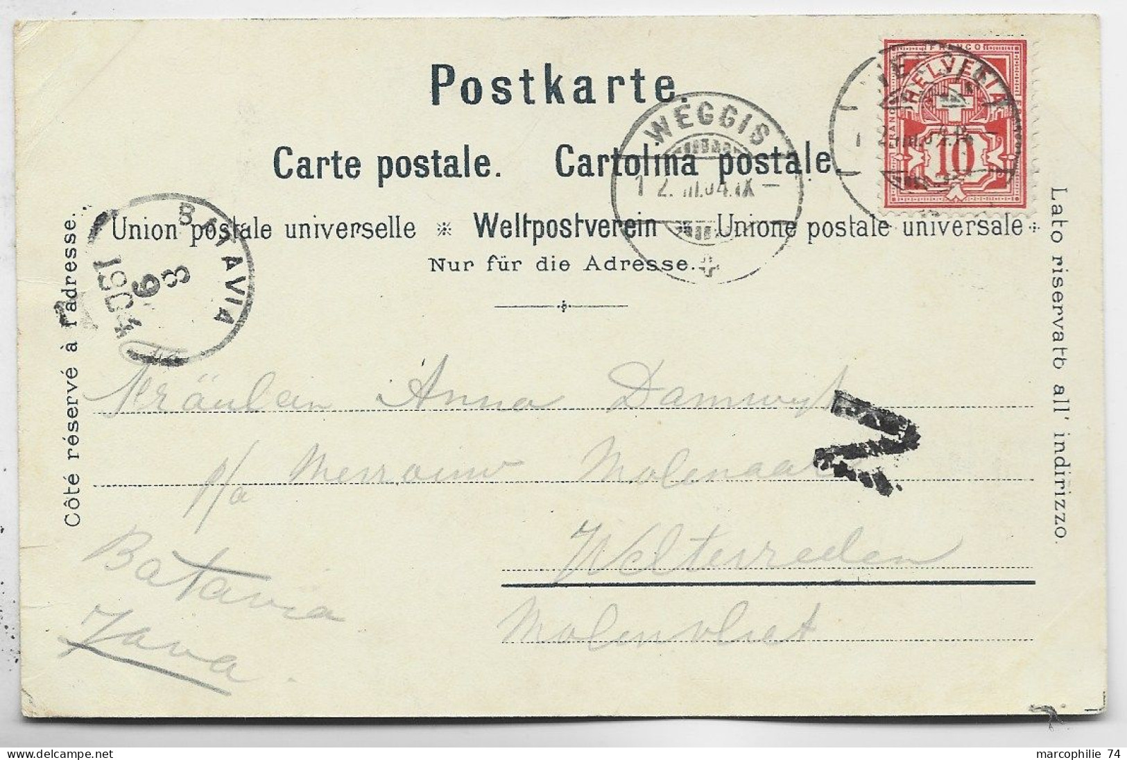 HELVETIA SUISSE 10C WEGGIS 1904 CARTE GRUSS RIGI STAFFEL KULM POUR BATAVIA JAVA - Lettres & Documents