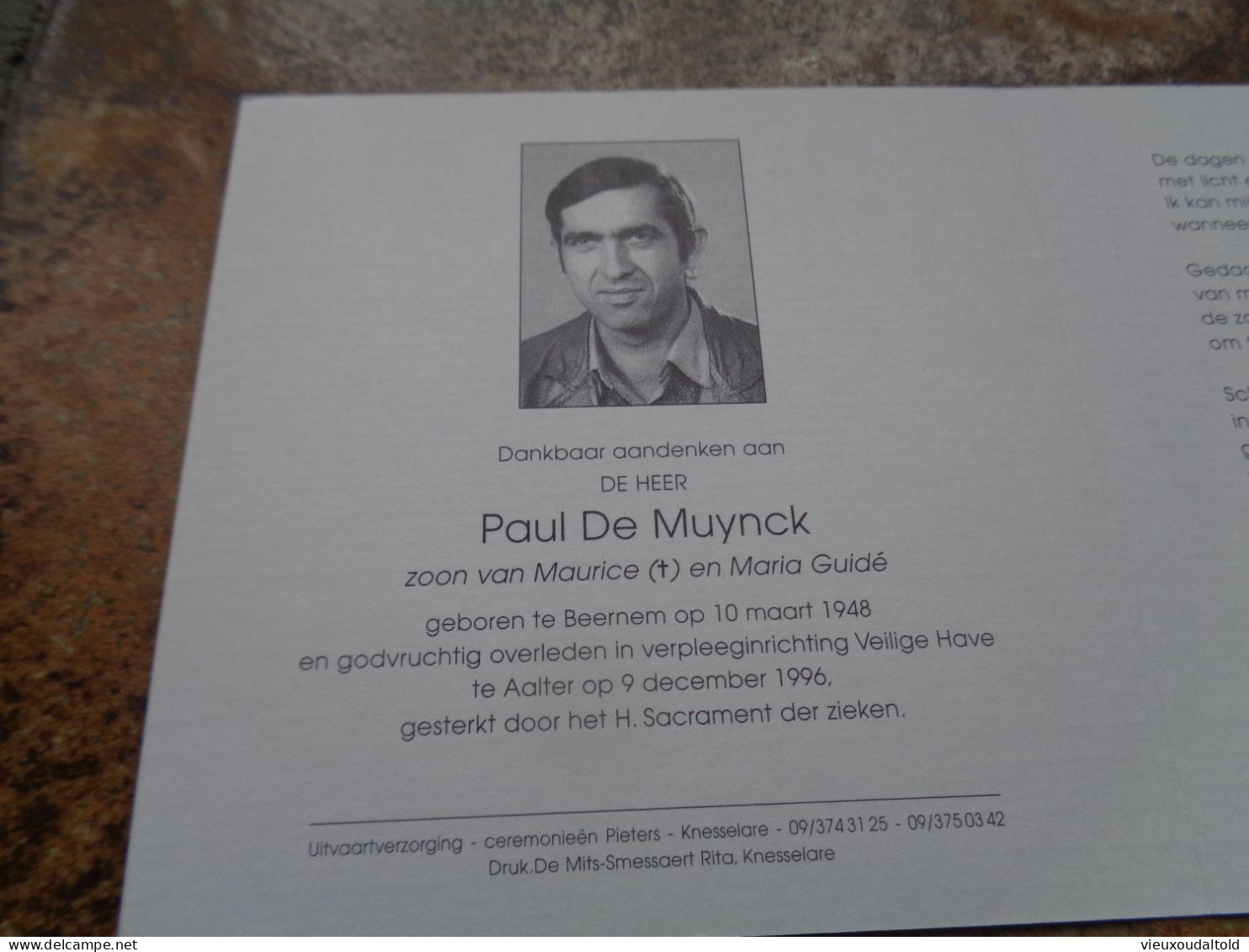 Doodsprentje/Bidprentje  Paul De Muynck   Beernem 1948-1996 Aalter  (Zn Maurice (†)  & Maria Guidé)++ - Andere & Zonder Classificatie