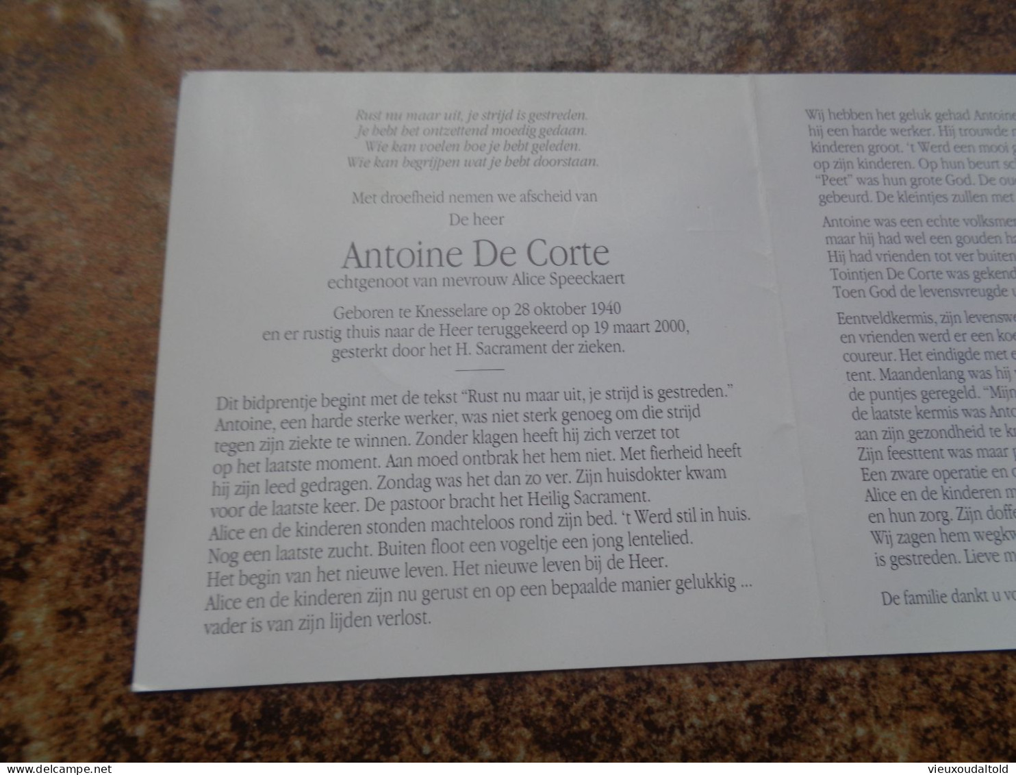 Doodsprentje/Bidprentje   Antoine De Corte   Knesselare 1940-2000  (Echtg A. Speeckaert) - Andere & Zonder Classificatie