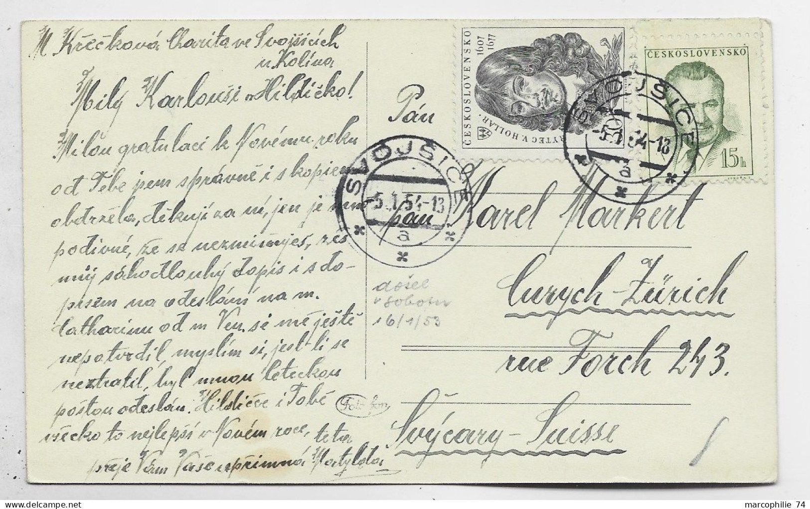 CESKOSLOVENSKO 15H+30H KARTE CARTE SVOJSIC 5.1.1954 TO SUISSE - Briefe U. Dokumente