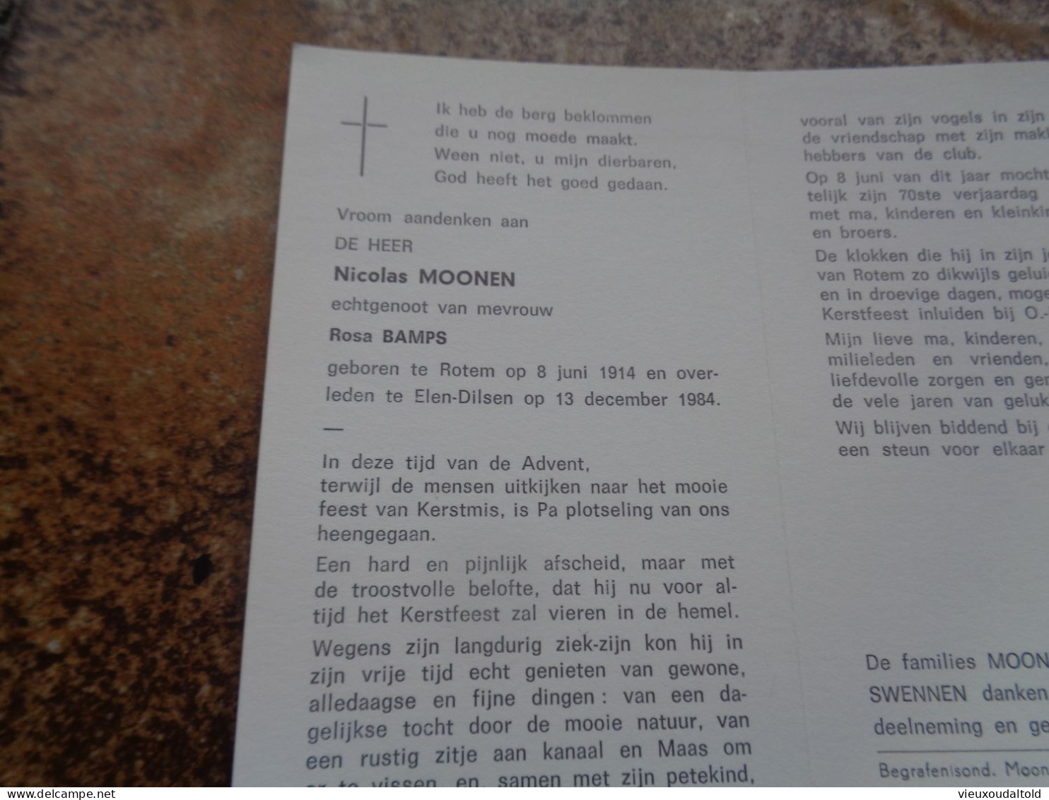 Doodsprentje/Bidprentje   Nicolas MOONEN   Rotem 1914-1984 Elen-Dilsen  (Echtg Rosa BAMPS) - Andere & Zonder Classificatie