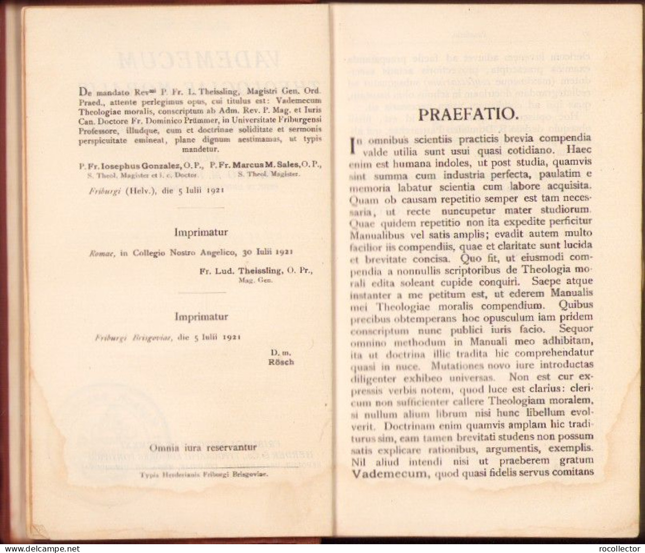 Vademecum Theologiae Moralis In Usum Examinandorum Et Confessariorum Auctore Dominico Prümmer 1921 C4047N - Alte Bücher