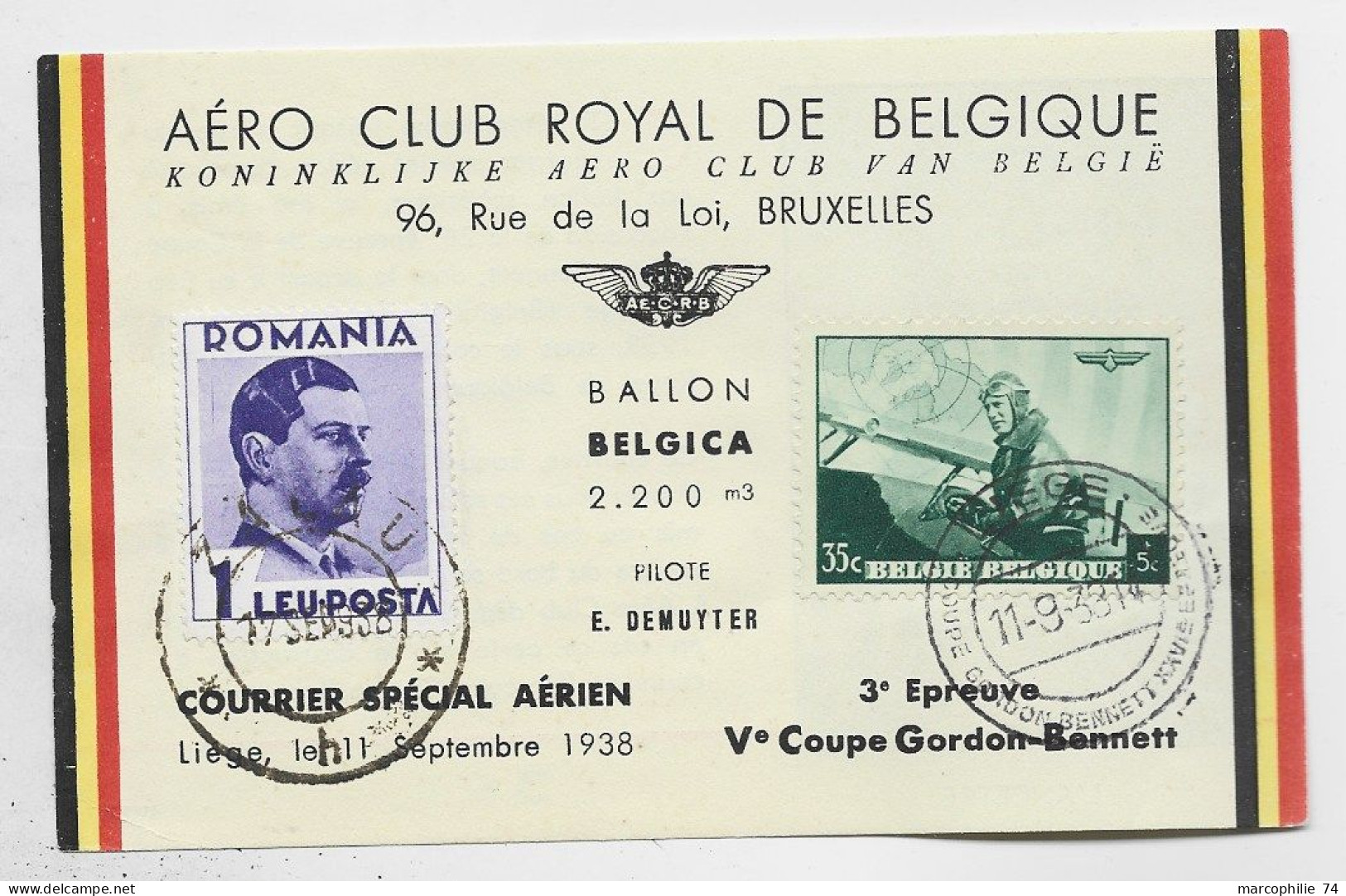 ROMANIA PETITE CARTE  PAR BALLON GONRDON BENNETT AERO CLUB ROYAL DE BELGIQUE MIXTE PA 35C BRUXELLES 1938 - Covers & Documents