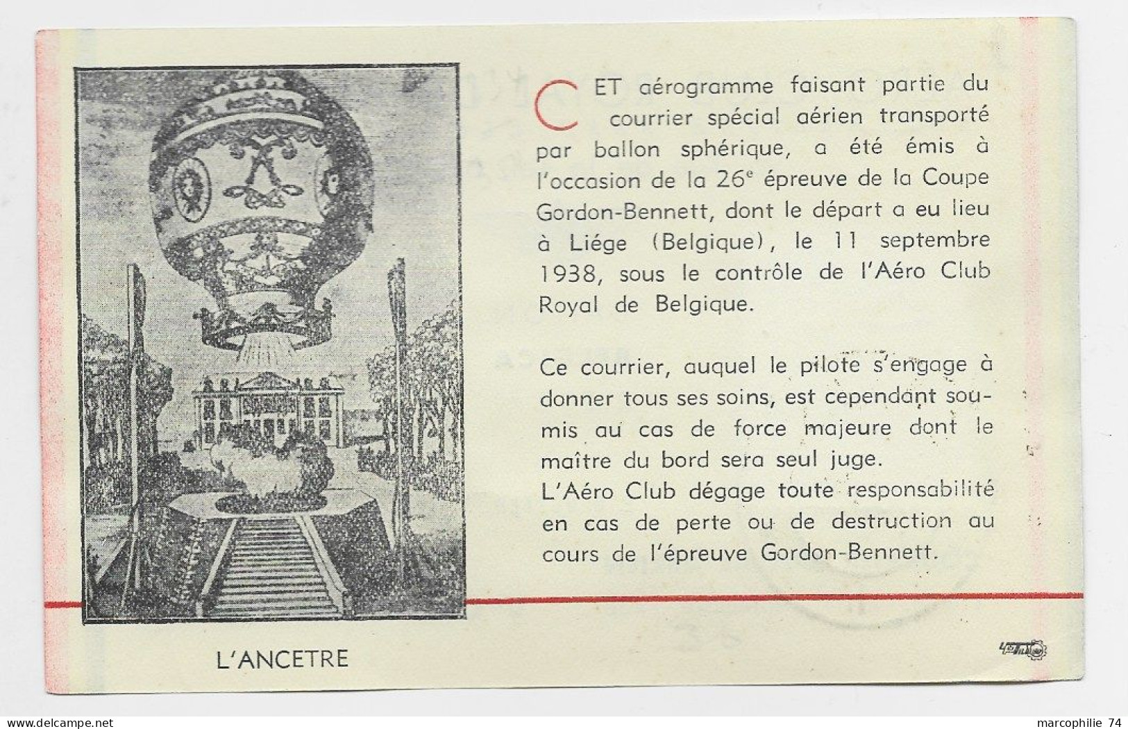 ROMANIA PETITE CARTE  PAR BALLON GONRDON BENNETT AERO CLUB ROYAL DE BELGIQUE MIXTE PA 35C BRUXELLES 1938 - Cartas & Documentos