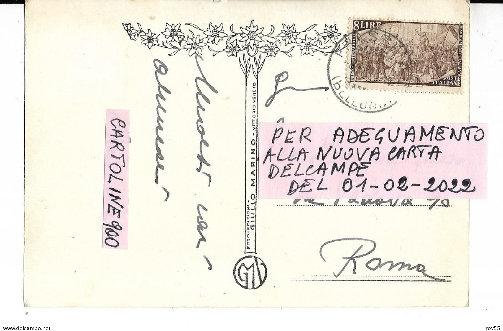 Italia Storia Postale 1948 Da Belluno A Roma Isolato Lire 8 Risorgimento Su Cartolina Frassene Belluno Veneto(v./i2lati) - 1946-60: Oblitérés