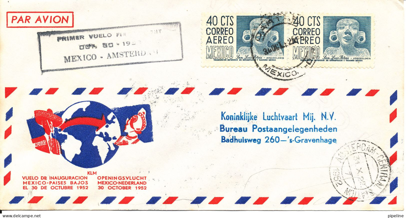 Mexico First Flight Air Mail Cover Mexico - Amsterdam 30-10-1952 - Mexique