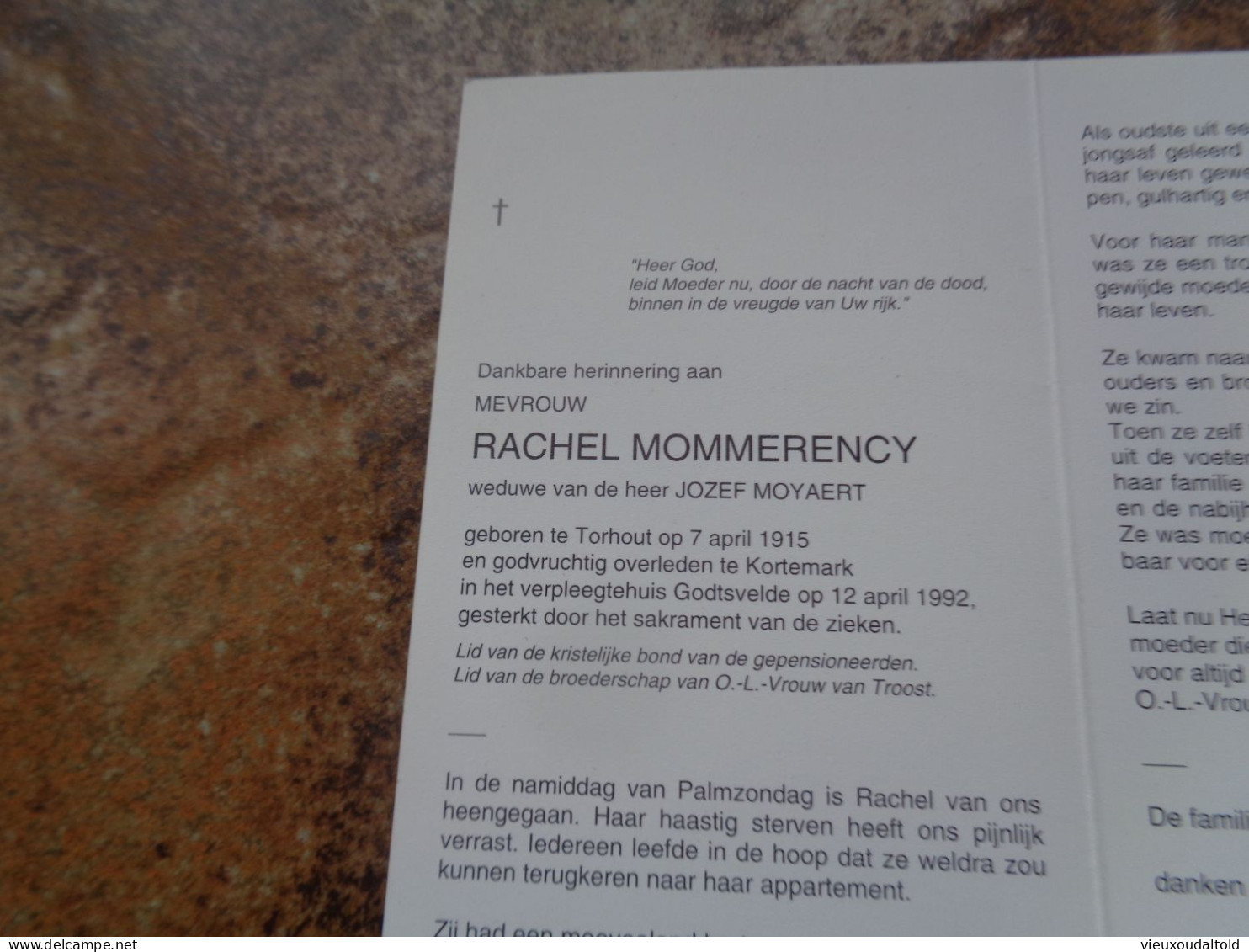 Doodsprentje/Bidprentje  RACHEL MOMMERENCY   Torhout 1915-1992 Kortemark  (Wwe Jozef MOYAERT) - Andere & Zonder Classificatie