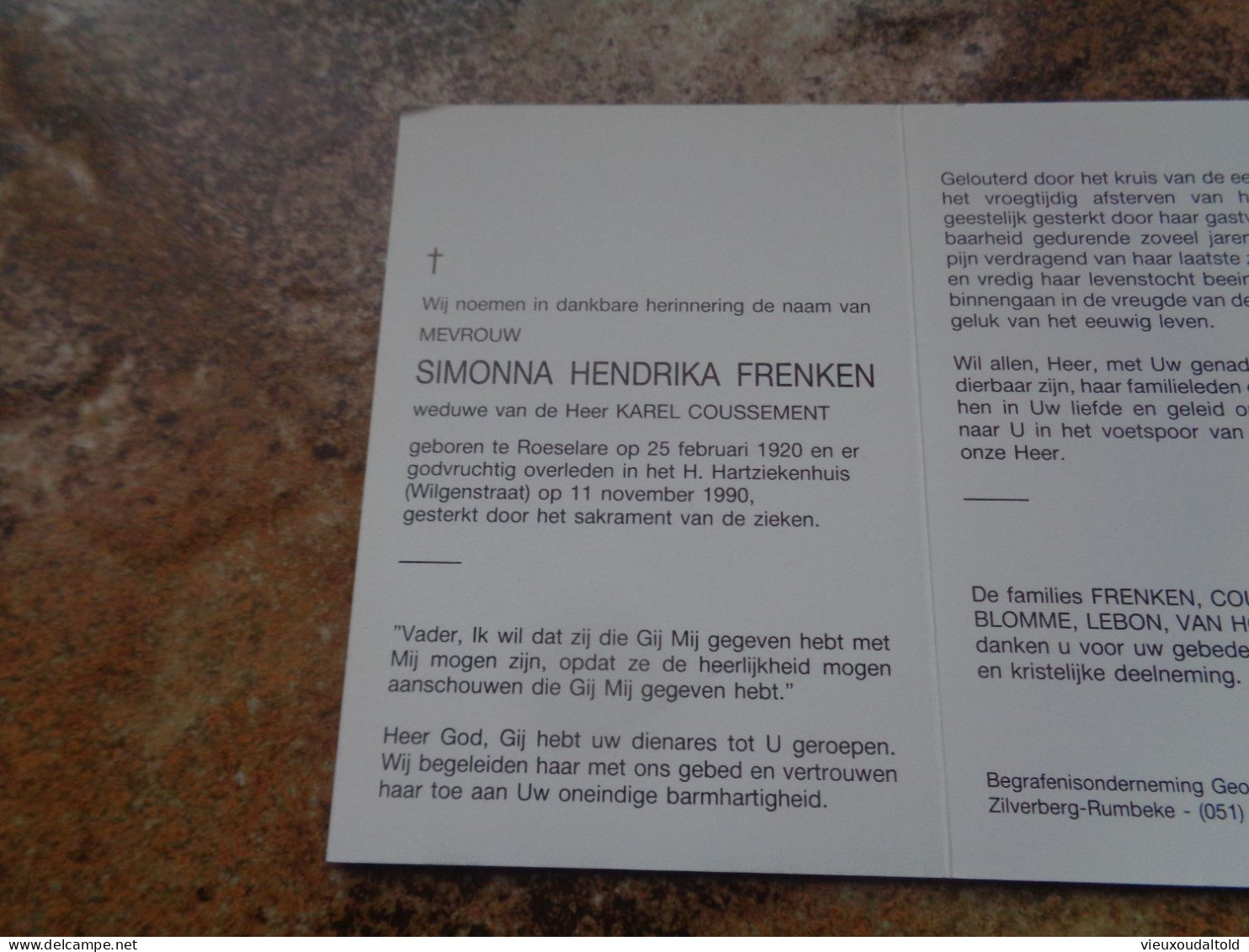 Doodsprentje/Bidprentje   SIMONNA HENDRIKA FRENKEN   Roeselare 1920-1990  (Wwe Karel COUSSEMENT) - Andere & Zonder Classificatie