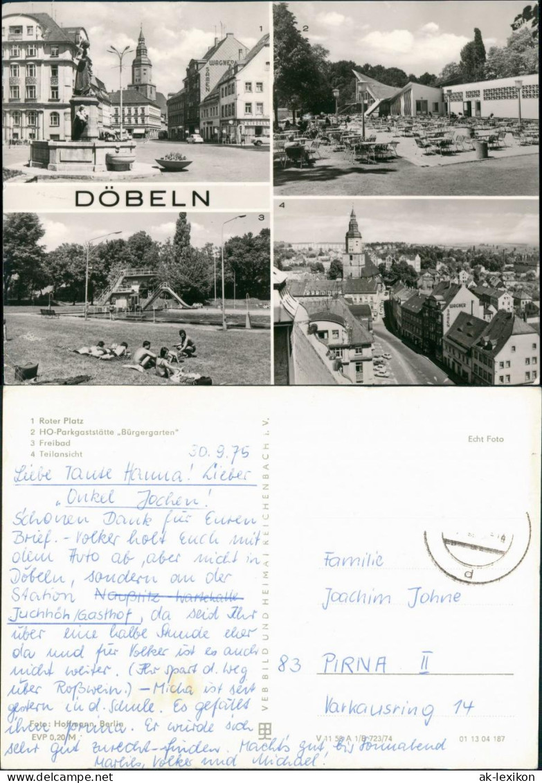 Ansichtskarte Döbeln Roter Platz, HO Gaststätte, Freibad 1975 - Doebeln