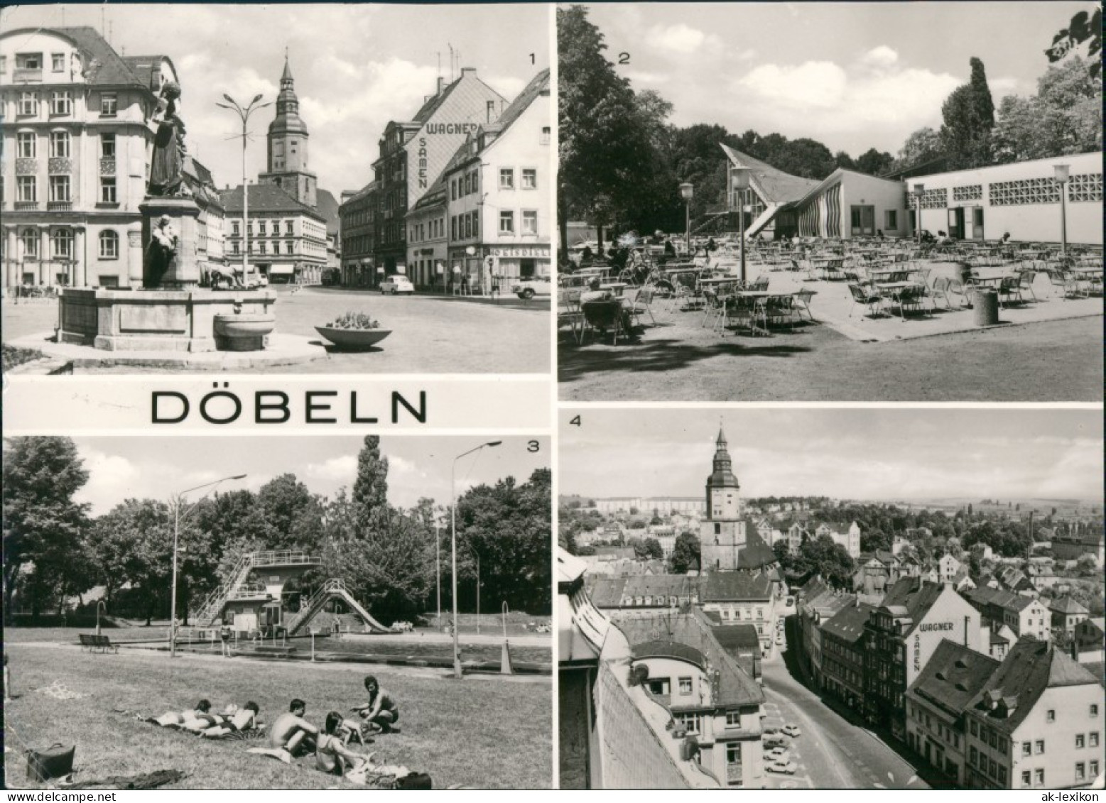 Ansichtskarte Döbeln Roter Platz, HO Gaststätte, Freibad 1975 - Doebeln