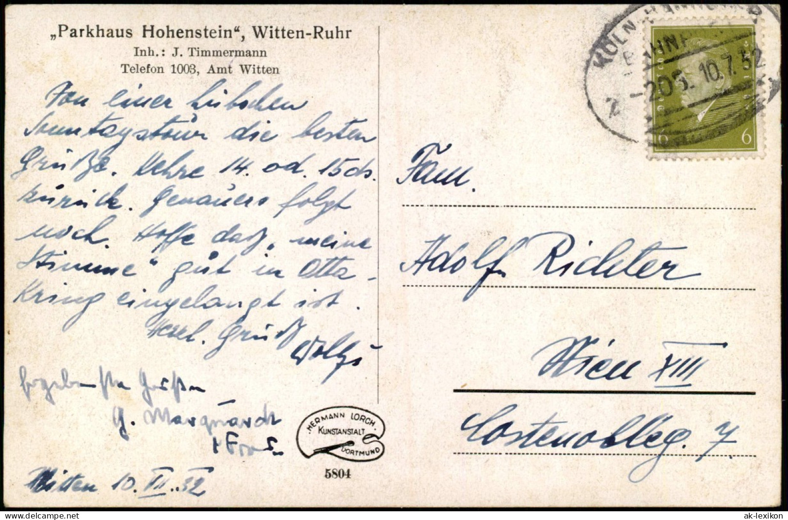 Ansichtskarte Witten (Ruhr) Luftbild „Parkhaus Hohenstein“ 1932 Bahnpoststempel - Witten
