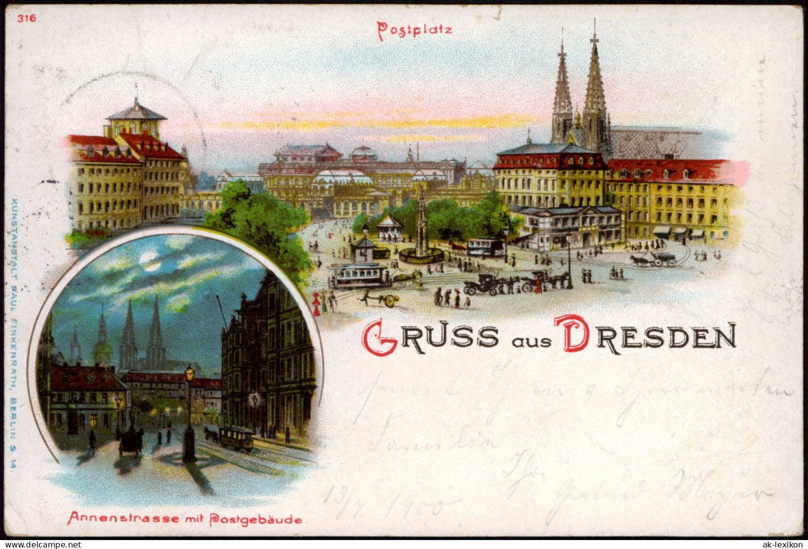 Litho AK Innere Altstadt-Dresden Postplatz Und Annenstraße Bei Nacht 1900 - Dresden