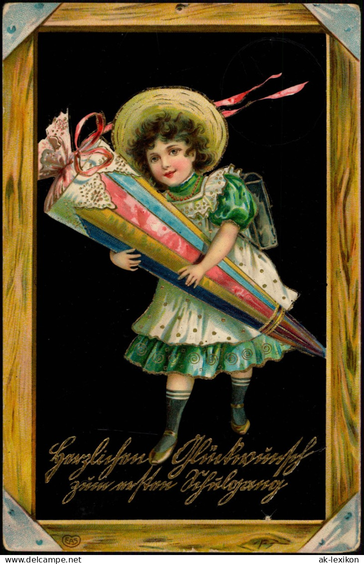 Glückwunsch - Schulanfang/Einschulung Mädchen Mit Zuckertüte Prägekarte 1911 - Primero Día De Escuela