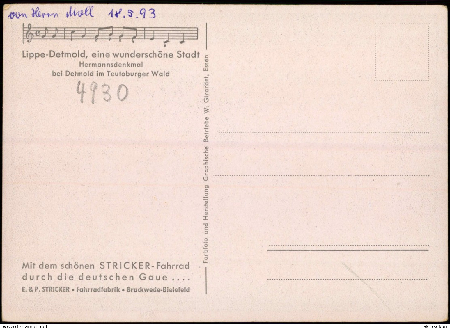 Hiddesen-Detmold Hermannsdenkmal, Fahrrad-Werbung Stricker Fahrrad 1954 - Detmold