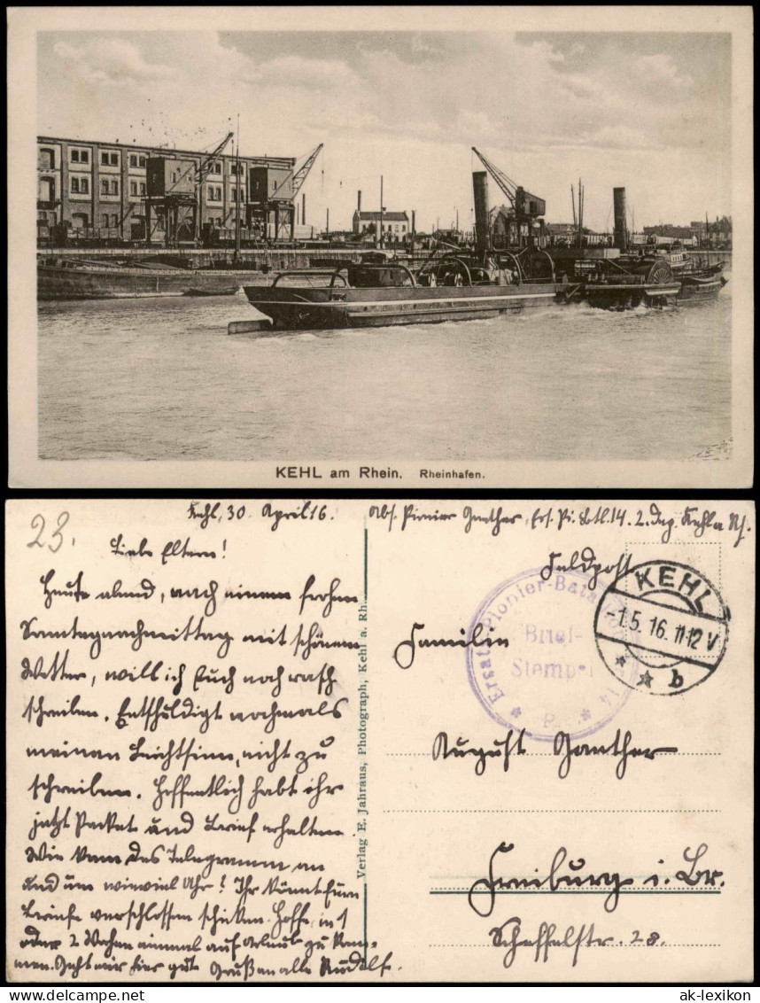 Ansichtskarte Kehl Rhein Hafen Schaufelraddampfer, Krähne 1916  Feldpoststempel - Kehl