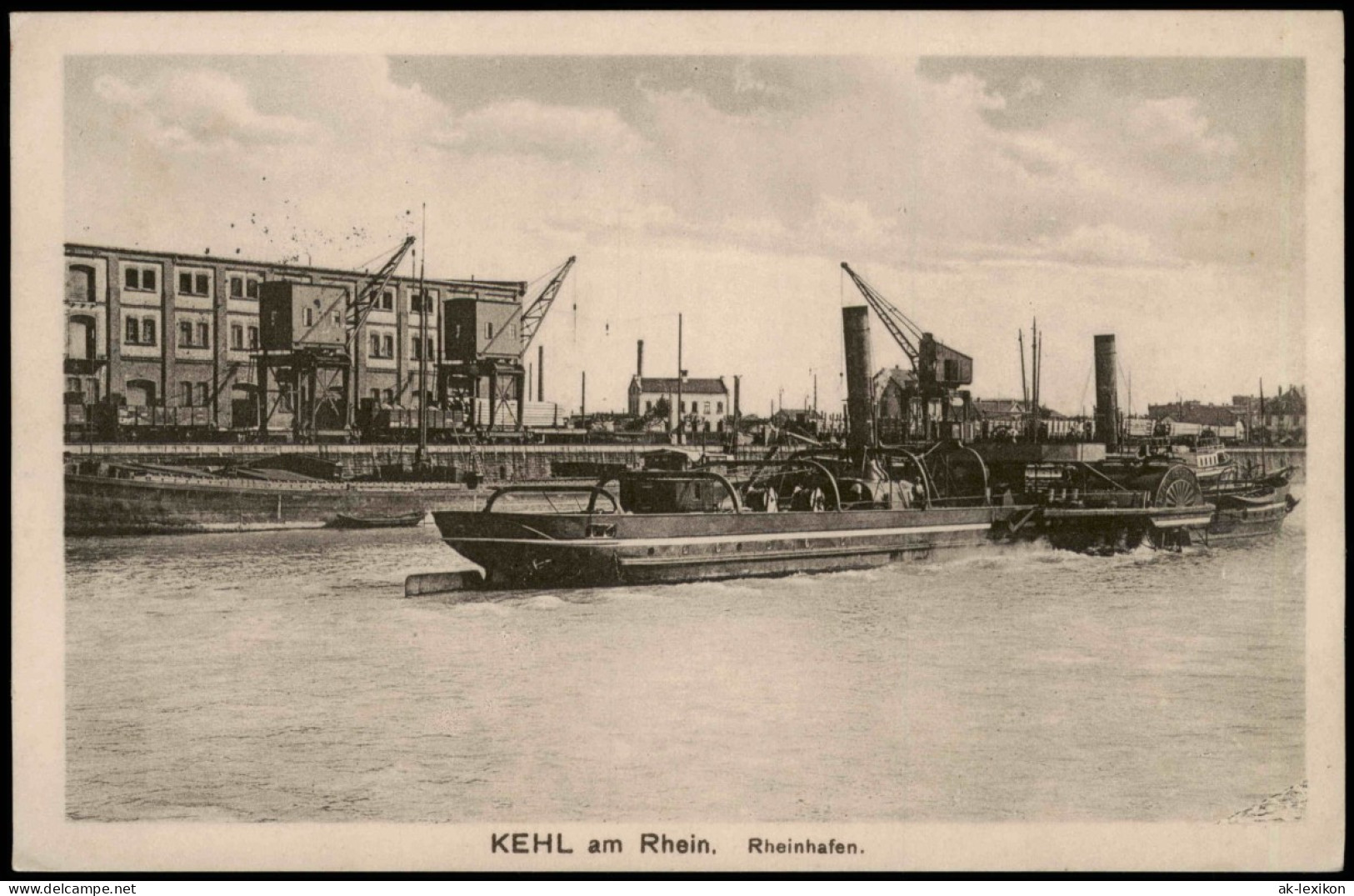 Ansichtskarte Kehl Rhein Hafen Schaufelraddampfer, Krähne 1916  Feldpoststempel - Kehl