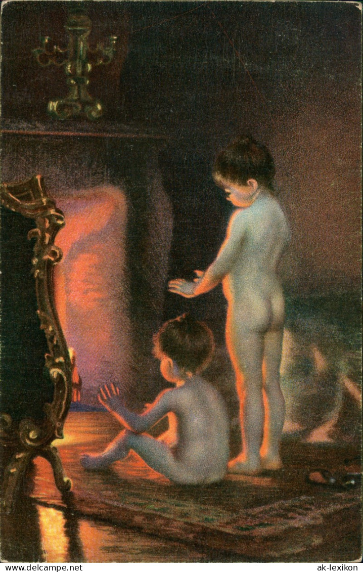 Ansichtskarte  Kinder Wärmen Sich Vor Kamien Künstlerkarte Paul Peel 1926 - Ritratti