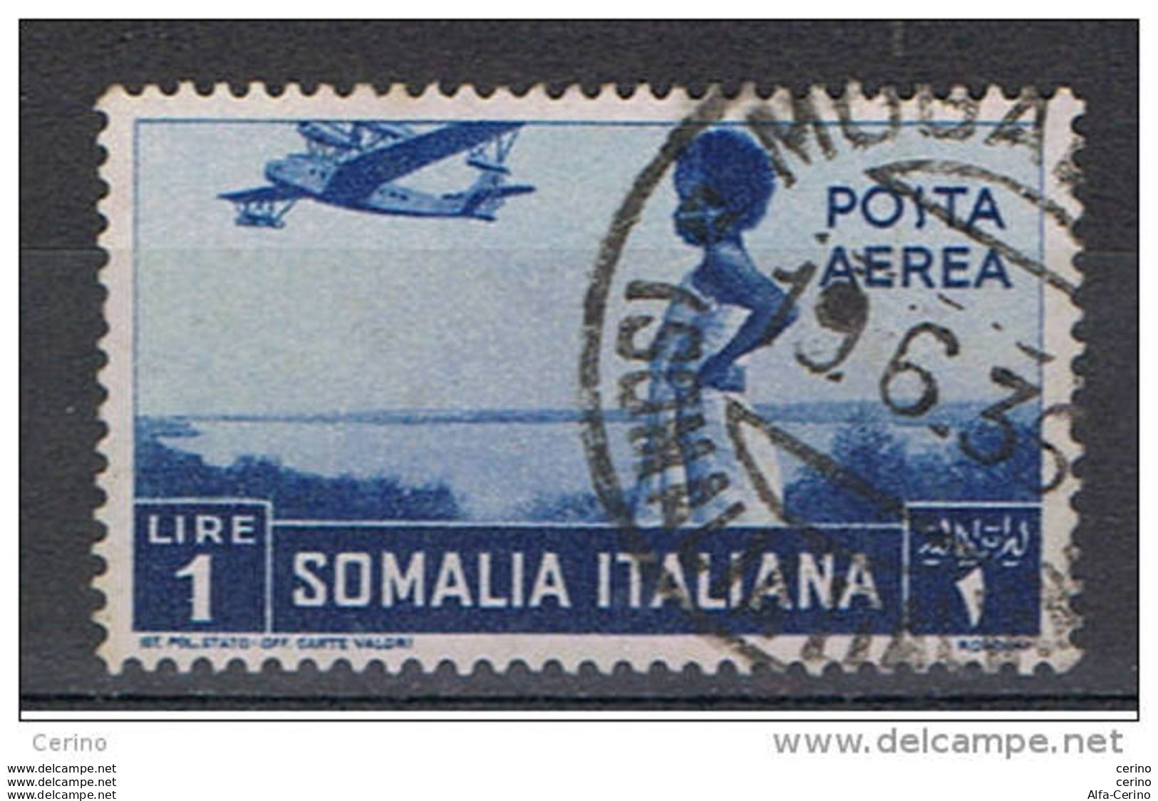 SOMALIA  VARIETA':  1936   P.A.  INDIGENA  -  £. 1  AZZURRO  US. -  CORONA  CAPOVOLTA  -  SASS. 21 - Somalie