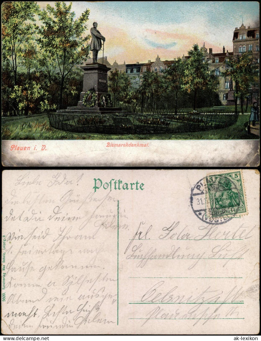 Ansichtskarte Plauen (Vogtland) Bismarckdenkmal Und Stadt 1913 - Plauen