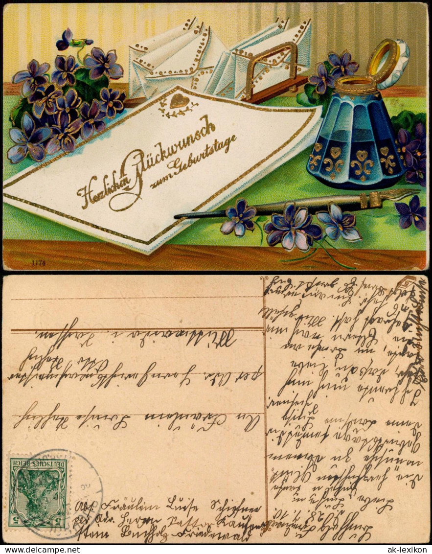 Glückwunsch Geburtstag Birthday Feilchen Brief Goldprägekarte 1908 - Anniversaire