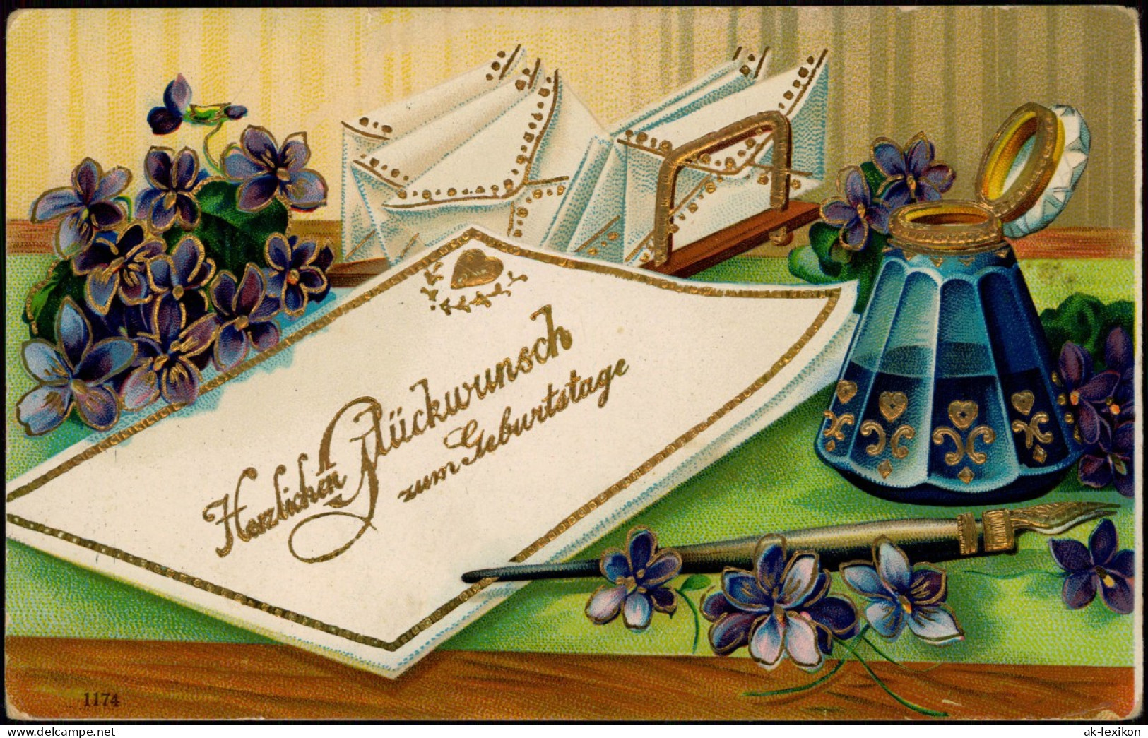 Glückwunsch Geburtstag Birthday Feilchen Brief Goldprägekarte 1908 - Anniversaire