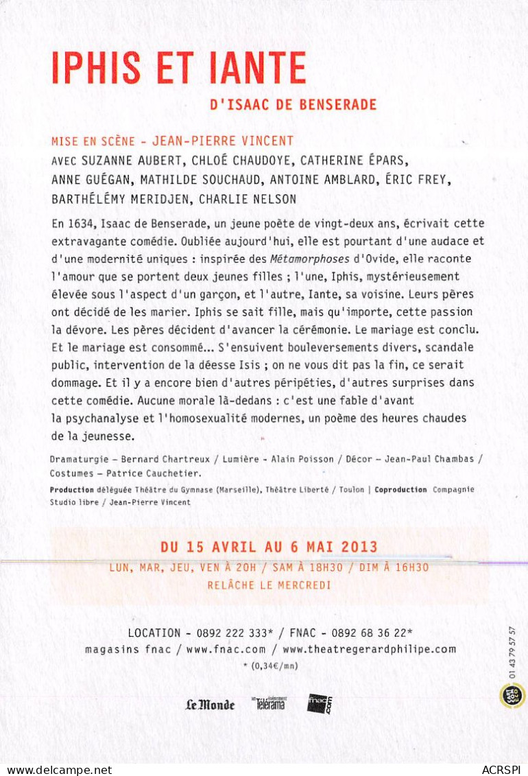 IPHIS ET IANTE D Isaac De Benserade 8(scan Recto-verso) MB2312 - Publicité