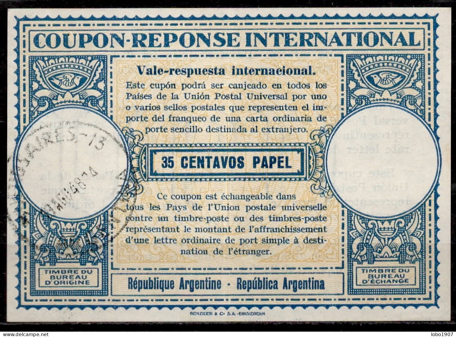 ARGENTINE ARGENTINA  1948, Lo14  35 CENTAVOS International Reply Coupon Reponse Antwortschein Vale Respuesta  IRC IAS O - Postal Stationery