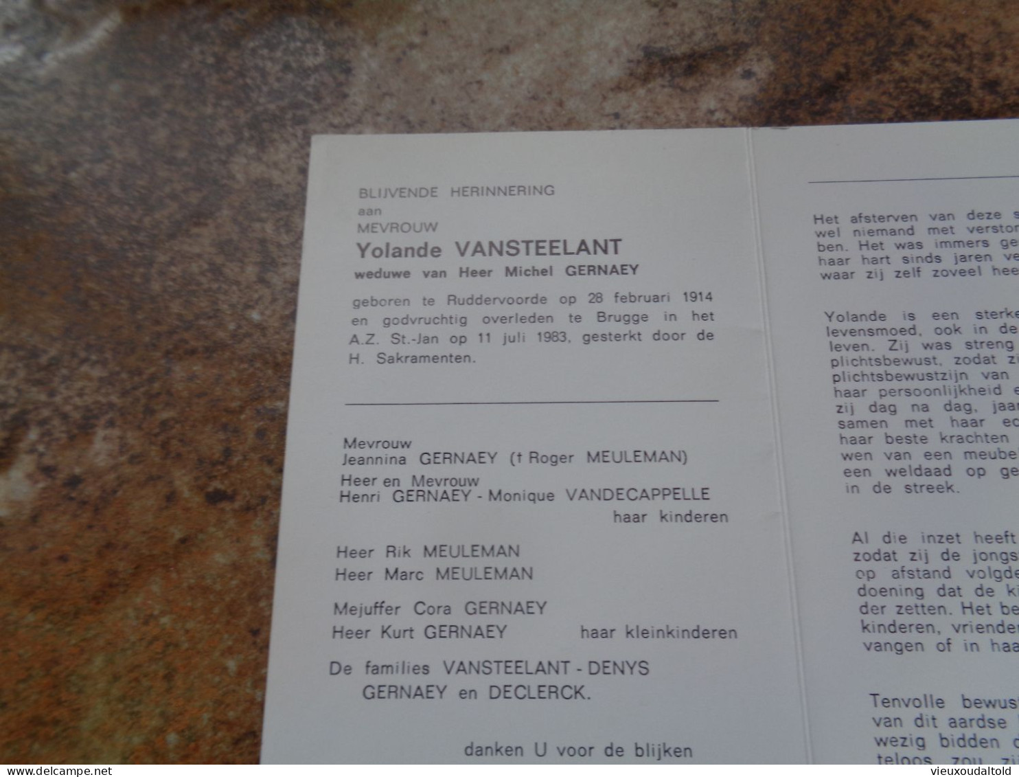 Doodsprentje/Bidprentje  Yolande VANSTEELANT   Ruddervoorde 1914-1983 Brugge  (Wwe Michel GERNAEY) - Andere & Zonder Classificatie