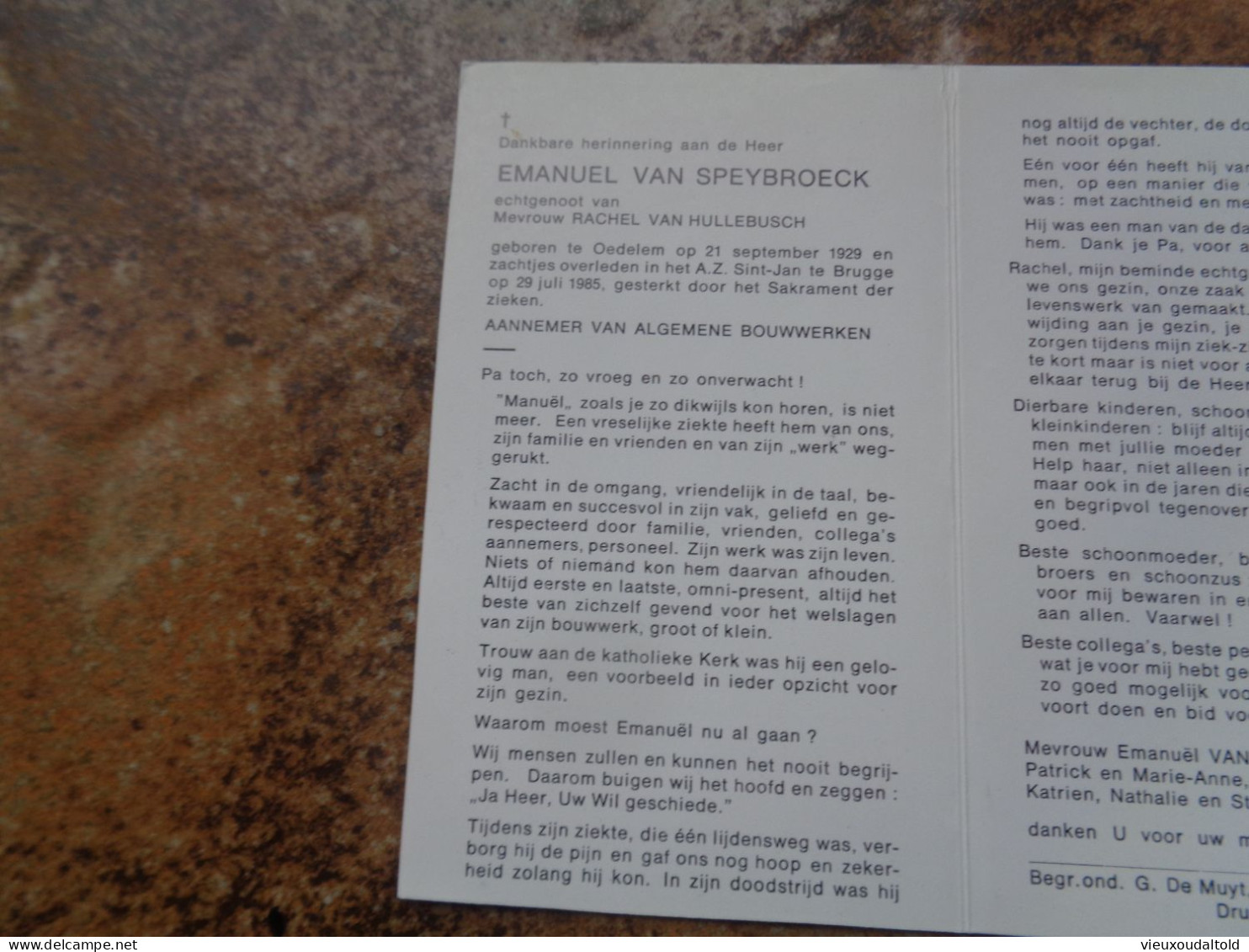 Doodsprentje/Bidprentje   EMANUEL VAN .SPEYBROECK   Oedelem 1929-1985 Brugge  (Echtg R. Van Hullebusch) - Andere & Zonder Classificatie