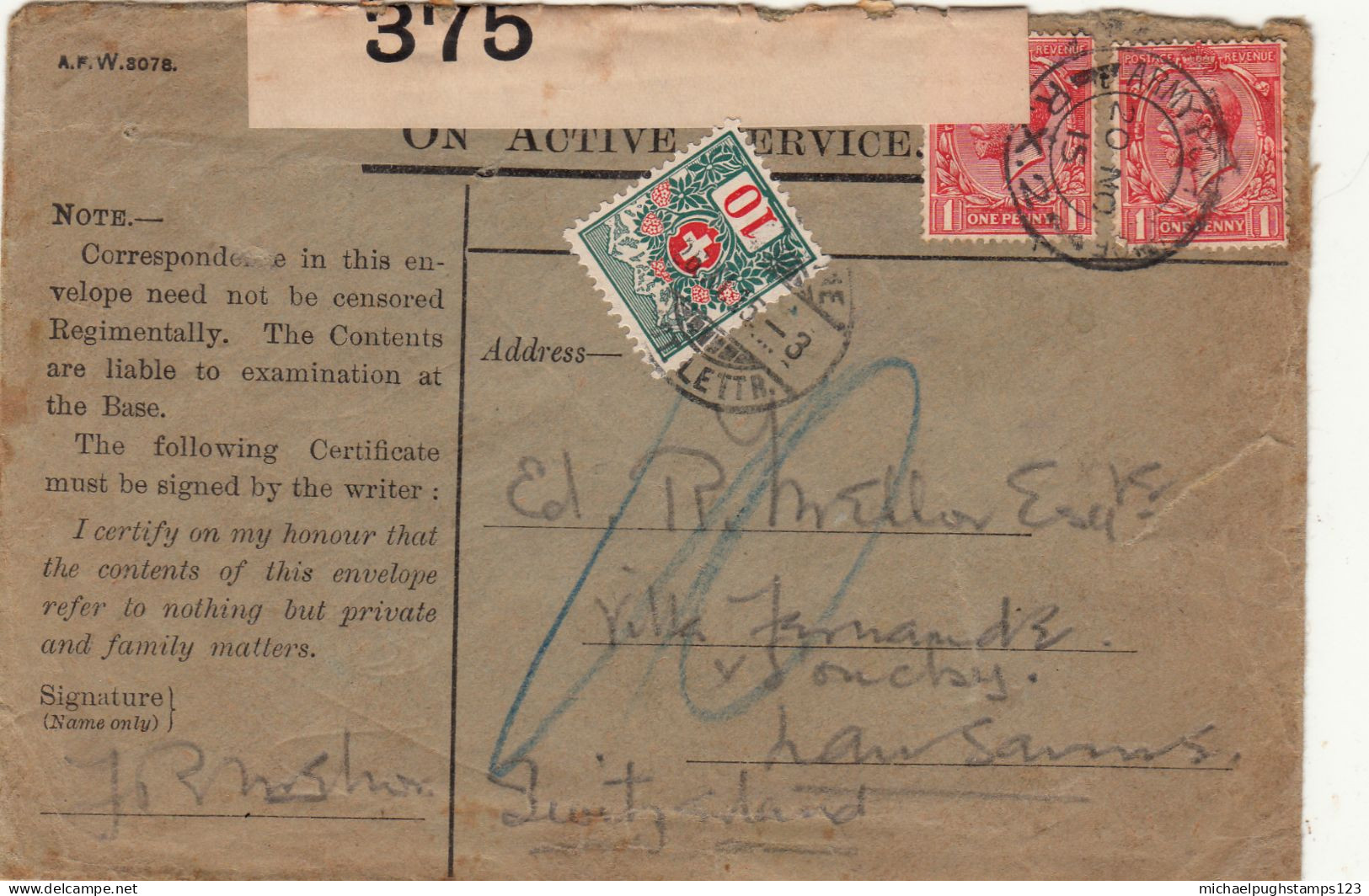 G.B. / W.W.I Military Mail / France / Switzerland / Tax - Unclassified