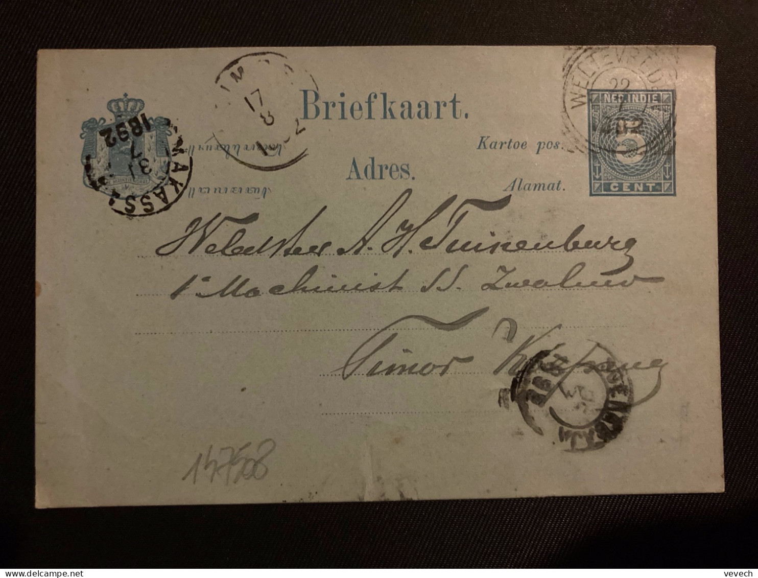 CP EP 5c OBL.22 7 1892 WELTEVREDEN Pour Le TIMOR - Netherlands Indies