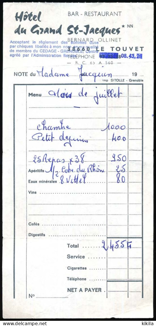 Facture Du Mois De Juillet 1983, 4 Ou 5 à En-tête De L'HOTEL DU GRAND ST-JACQUES Le Touvet Isère 38  Bernard Ollinet - 1950 - ...